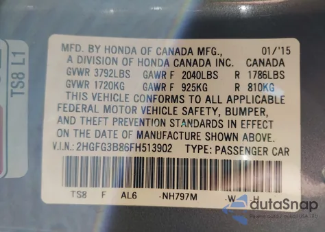 2015 Honda Civic Ex z USA, uszkodzony, nr VIN 2HGFG3B86FH513902